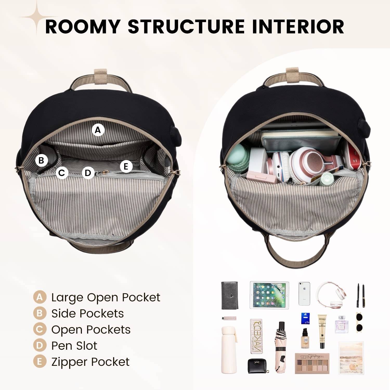 Lovevook Mini Black Beige Multi-Pocket Travel Backpack USB Port Anti-Theft Zip