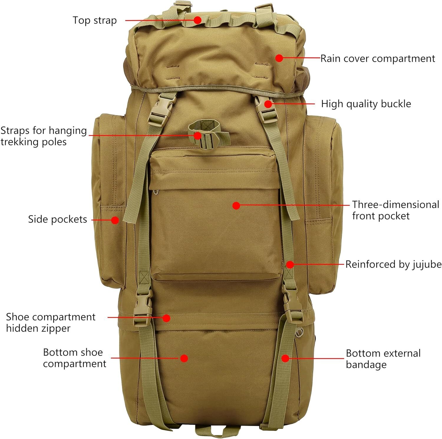 65L Hiking Backpack Large Lightweight Waterproof Camping Backpack w/ Rain Cover