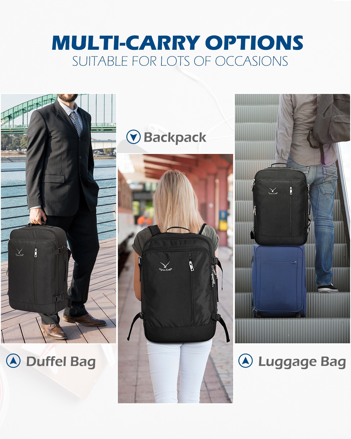 Convertible Men 38L Carry On Backpack Cabin Size Personal item Bag Weekender Bag