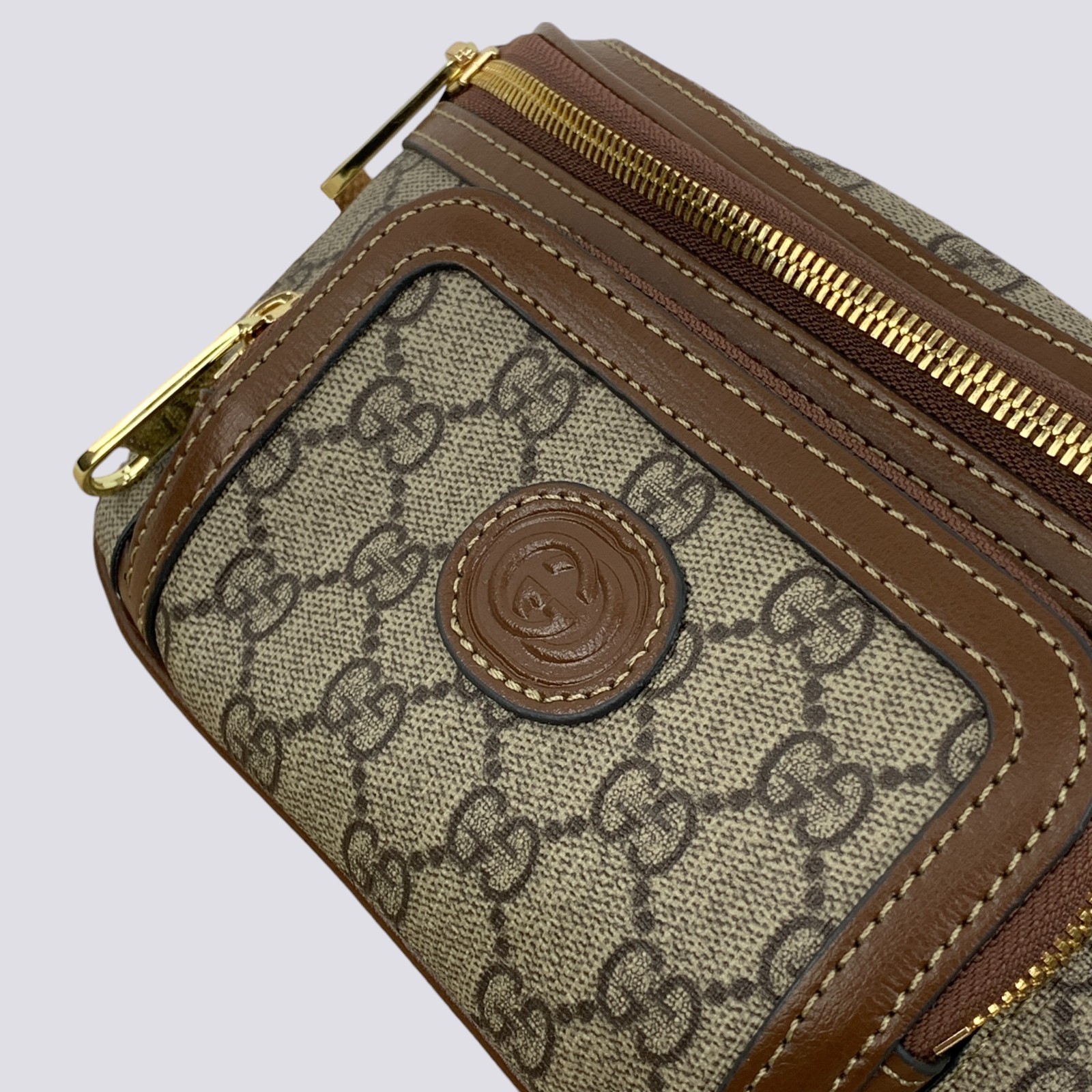 Gucci GG Monogram Interlocking G Canvas Leather Crossbody Belt Bag Beige 682933