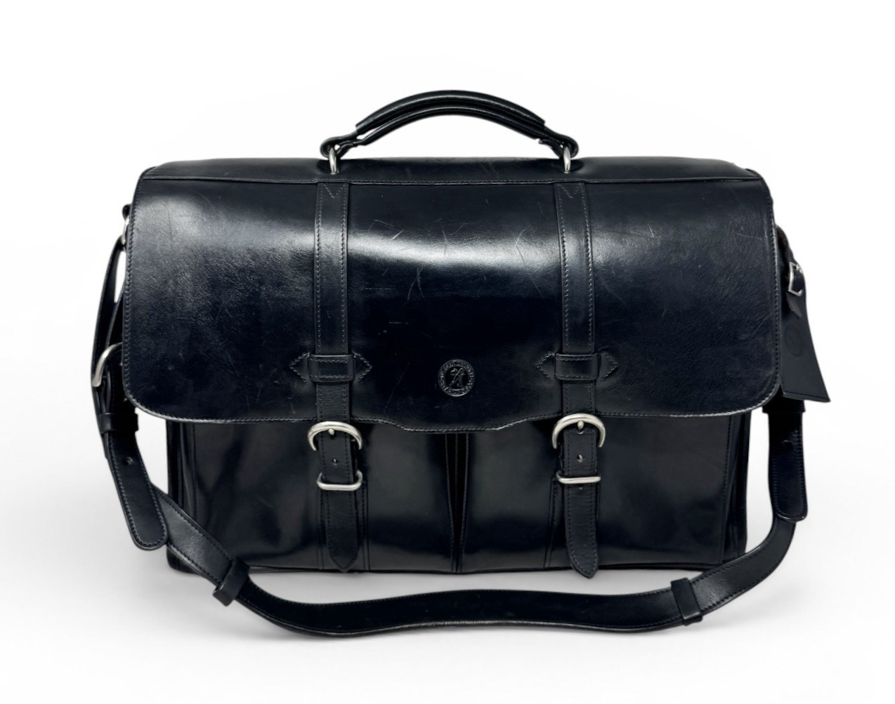 Glaser Designs Black Hand Burnished Leather 17” Flapover Bag Satchel Briefcase