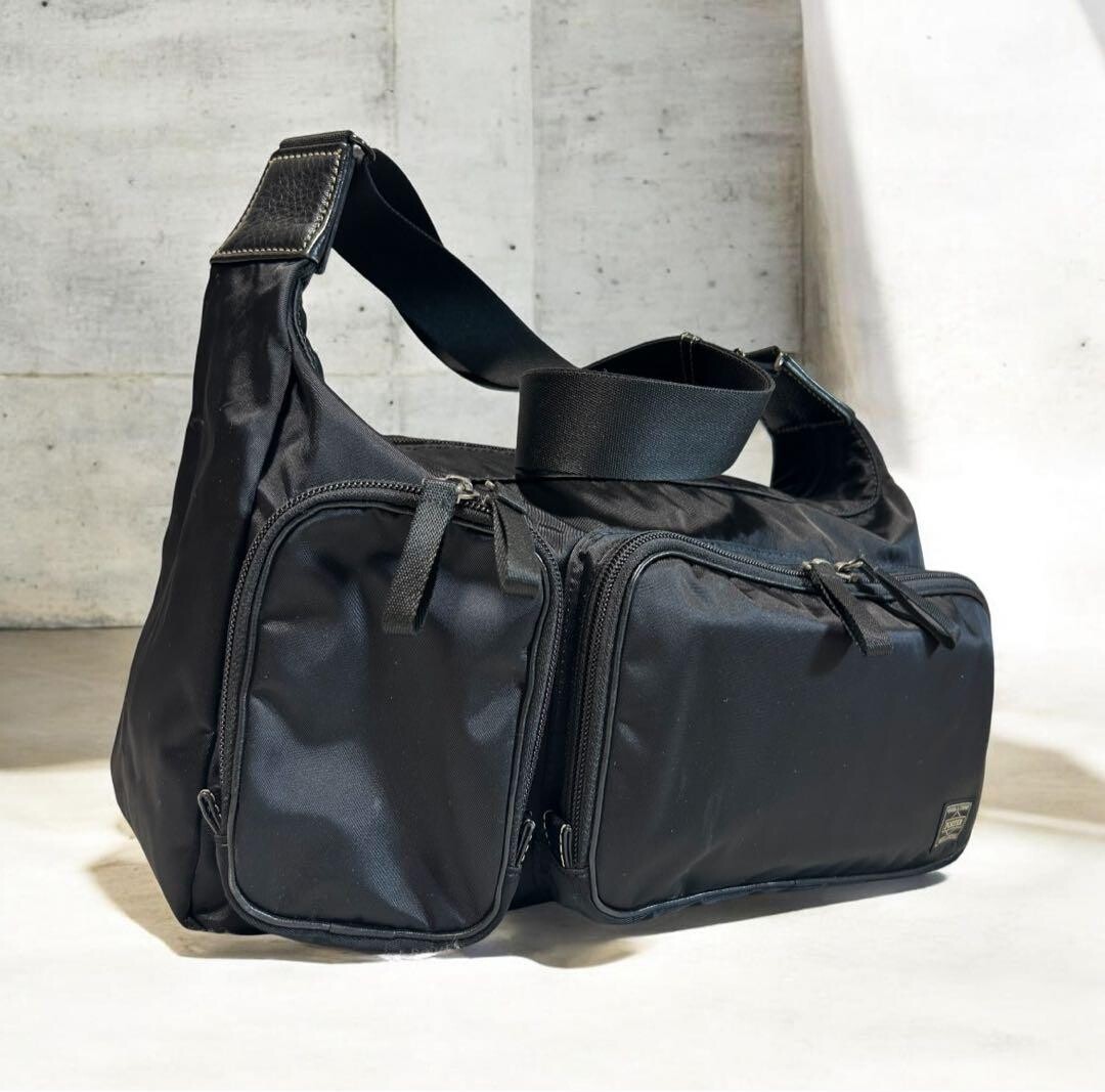PORTER Plan Nylon Shoulder Bag Black Men Zip Woven Yoshida Kaban 35x20x14cm