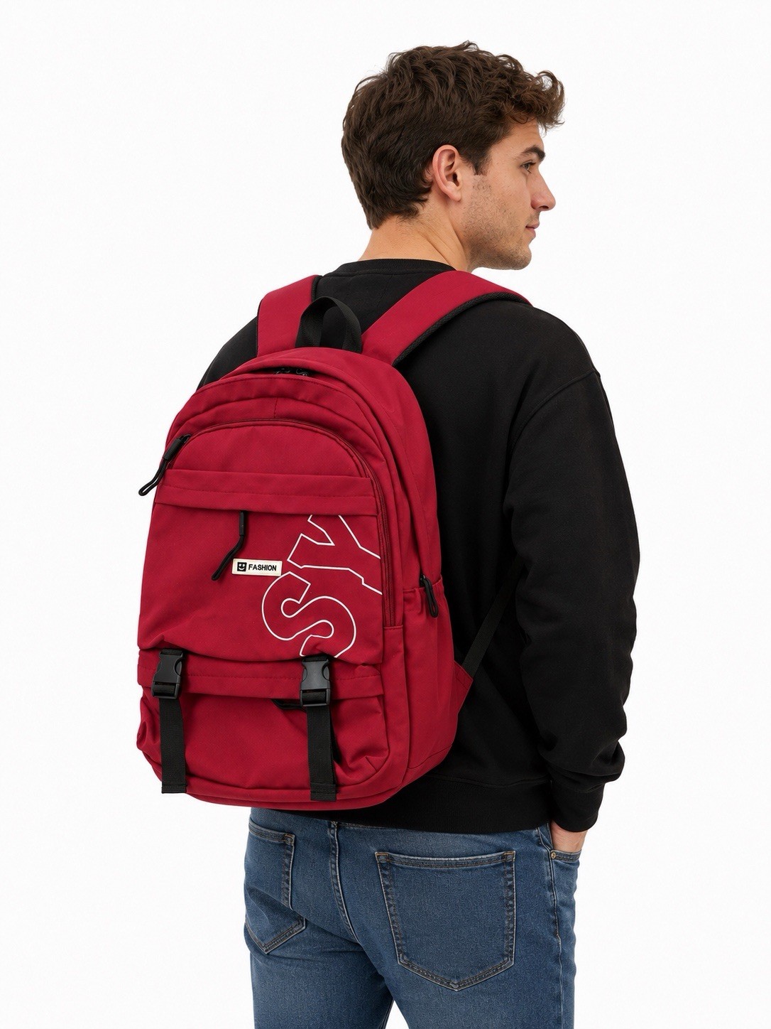 Men’s Red Backpack w/ Zip & Buckle Closure, WateAdjustable Straps