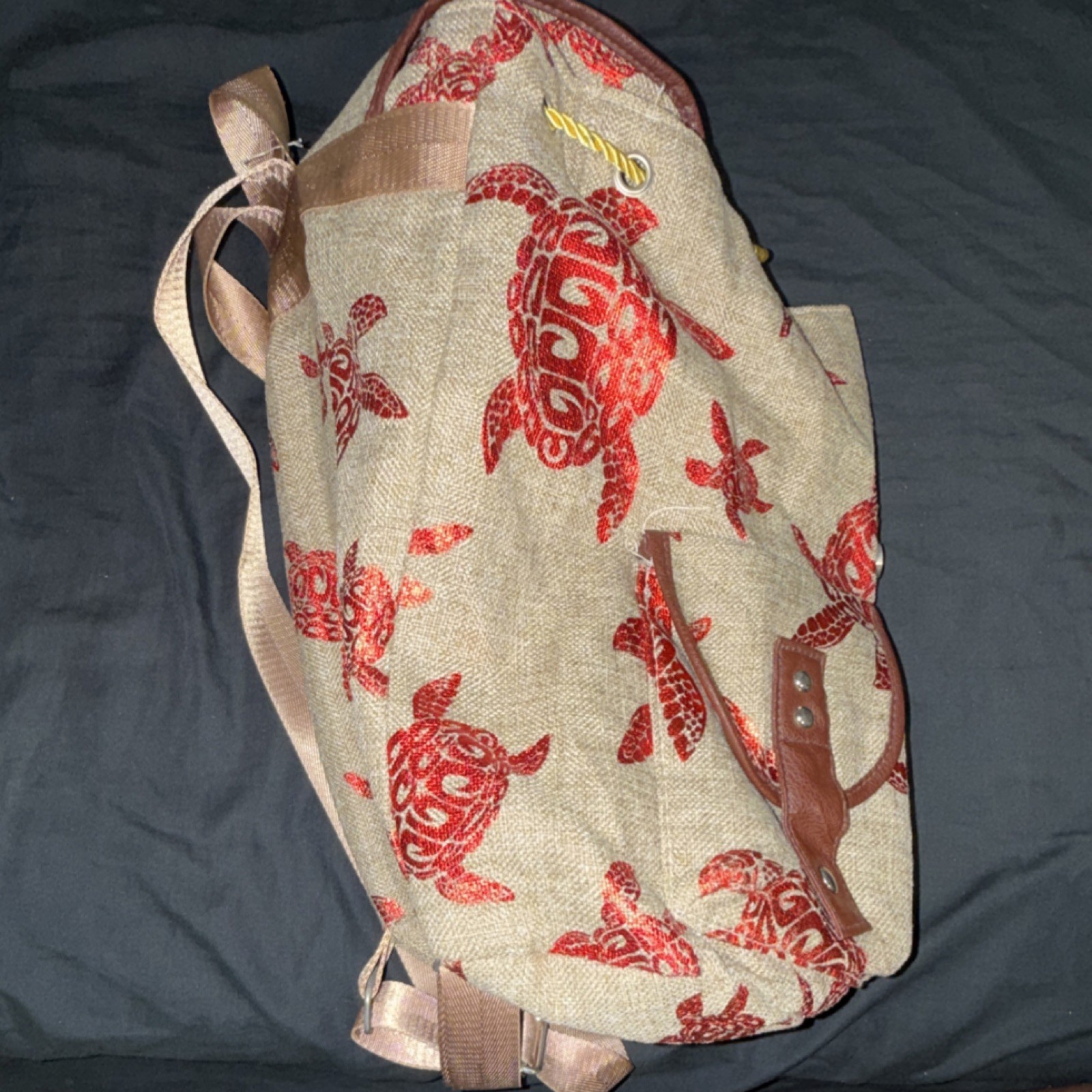 Turtle Print Backpack Beige Red Adjustable Straps Beach Wildlife Casual