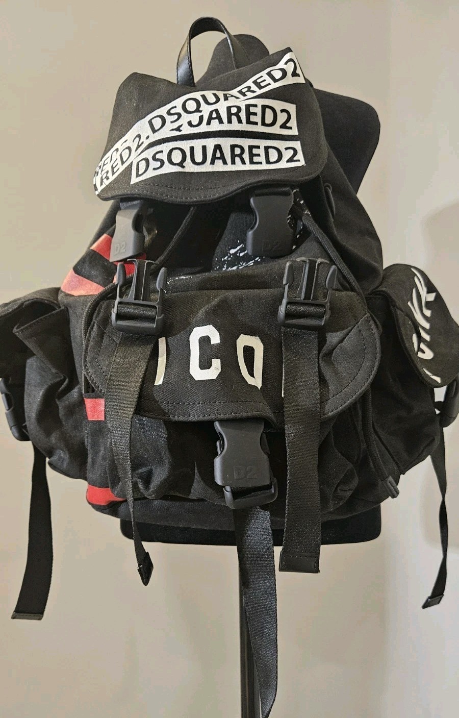 DSQUARED2 Black Graphic Print Backpack Buckle Drawstring, Adjustable Strap