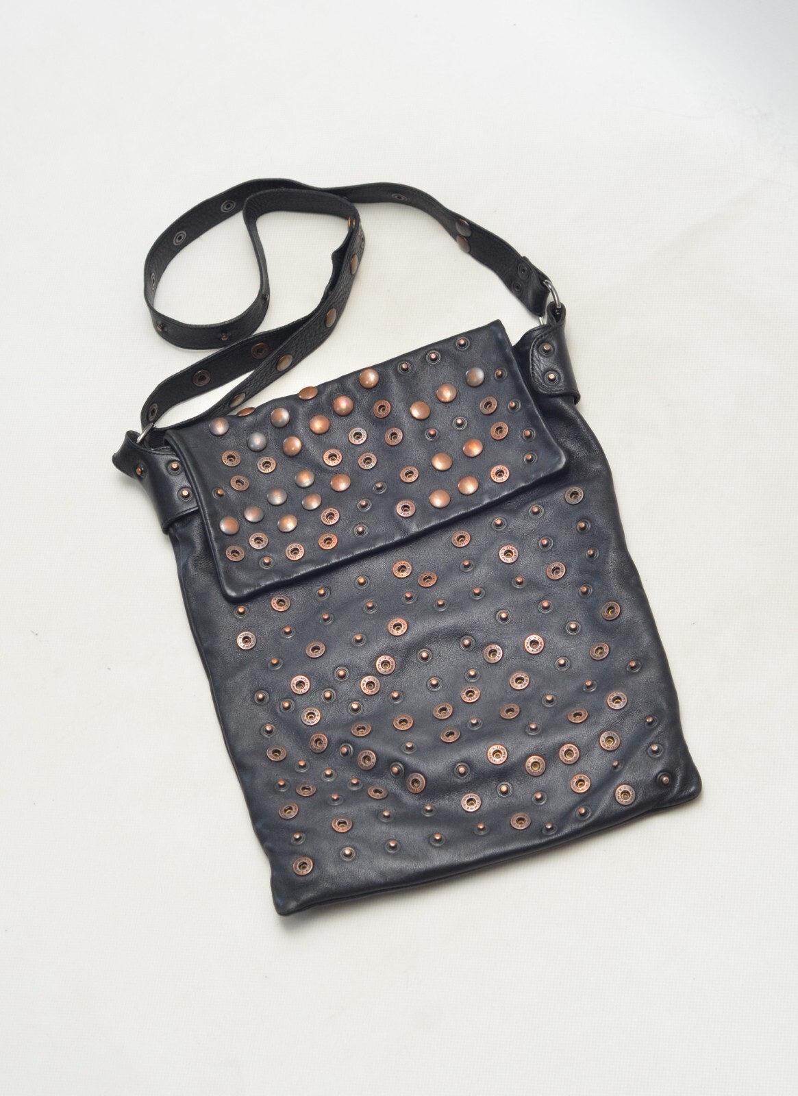 Vintage Handmade Custommade Italian Fimma Buttons Black Leather Bag