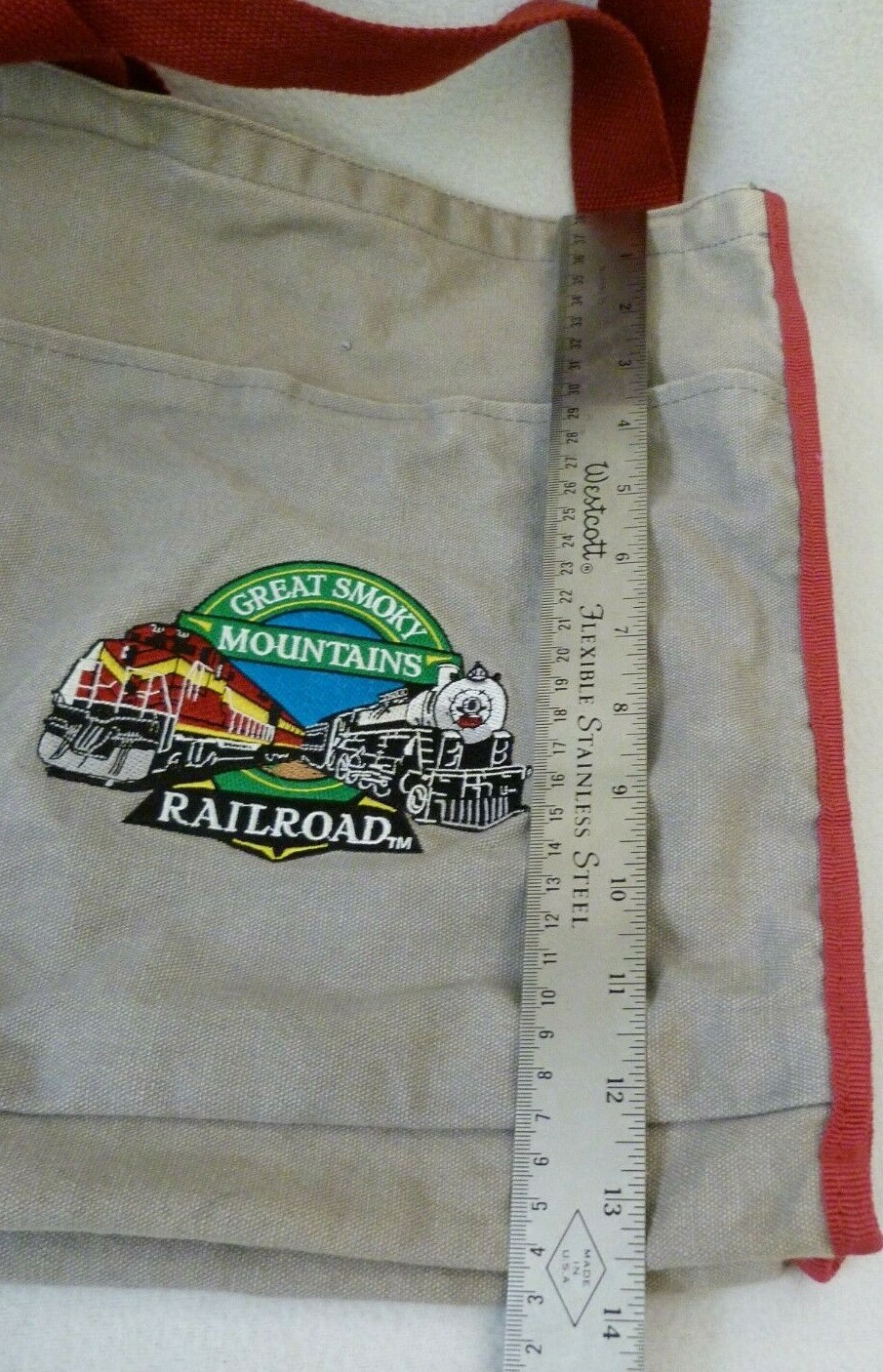 Great Smoky Mountains Railroad Canvas Tote Grocery Bag Carrying Straps Red Tan