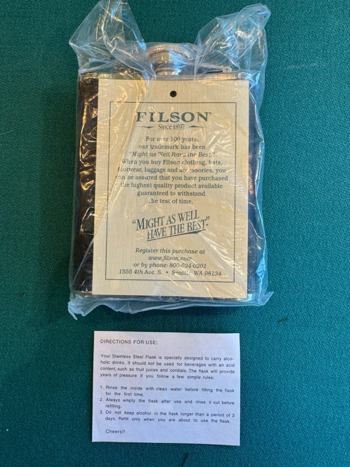 Vintage Filson Black Leather Stainless Steel 6OZ Flask New in Box Rare