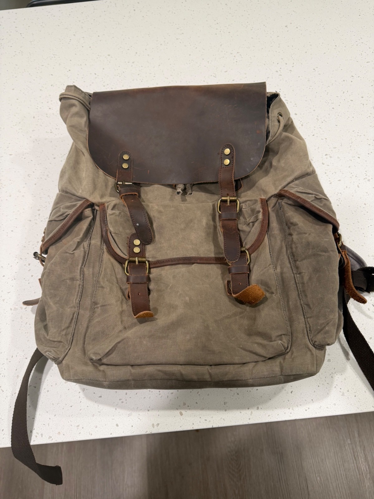 Vintage Waxed Canvas Backpack with Genuine Leather Flap