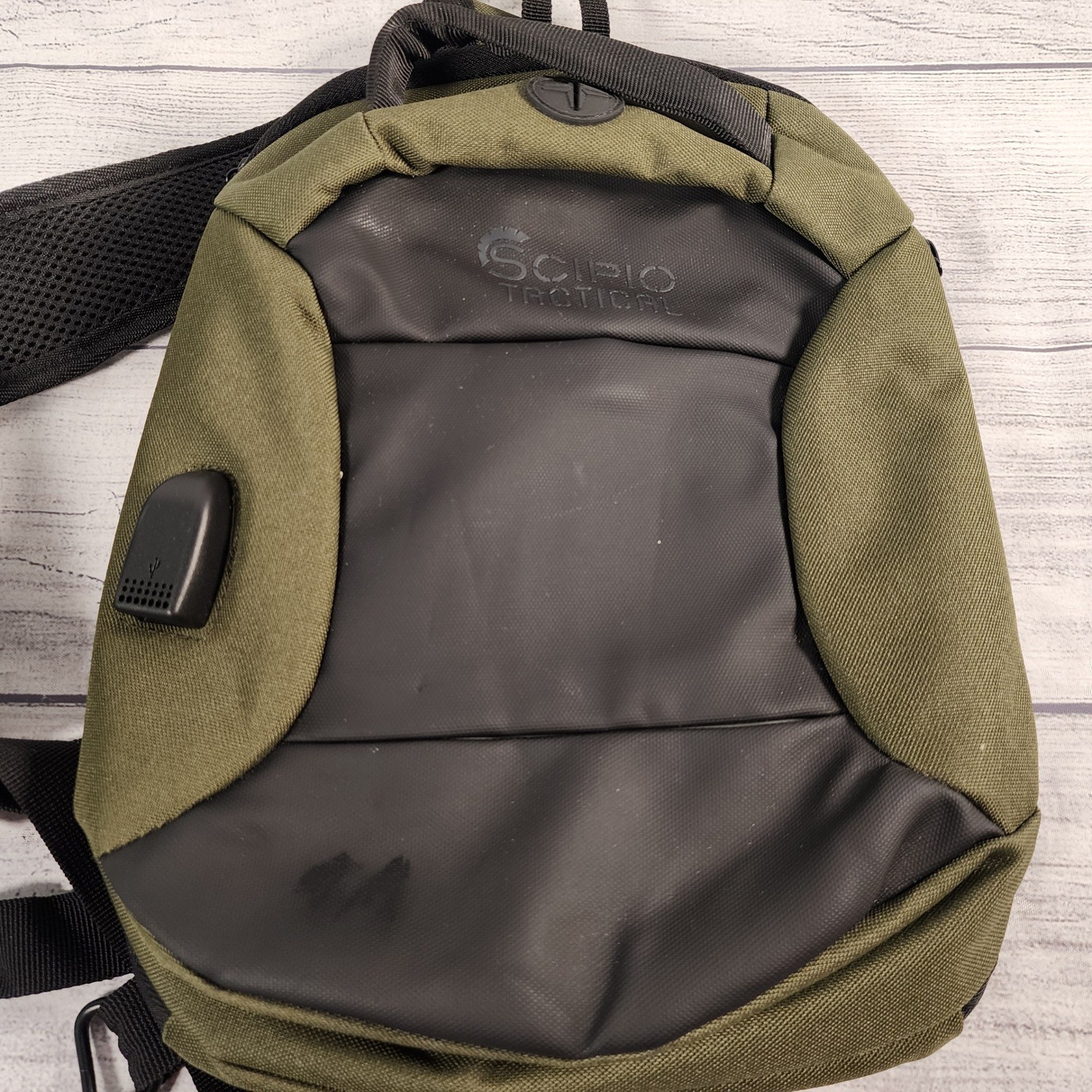 Scipio Tactical Sling Bag Olive Green Black USB Charging Port Crossbody Pack