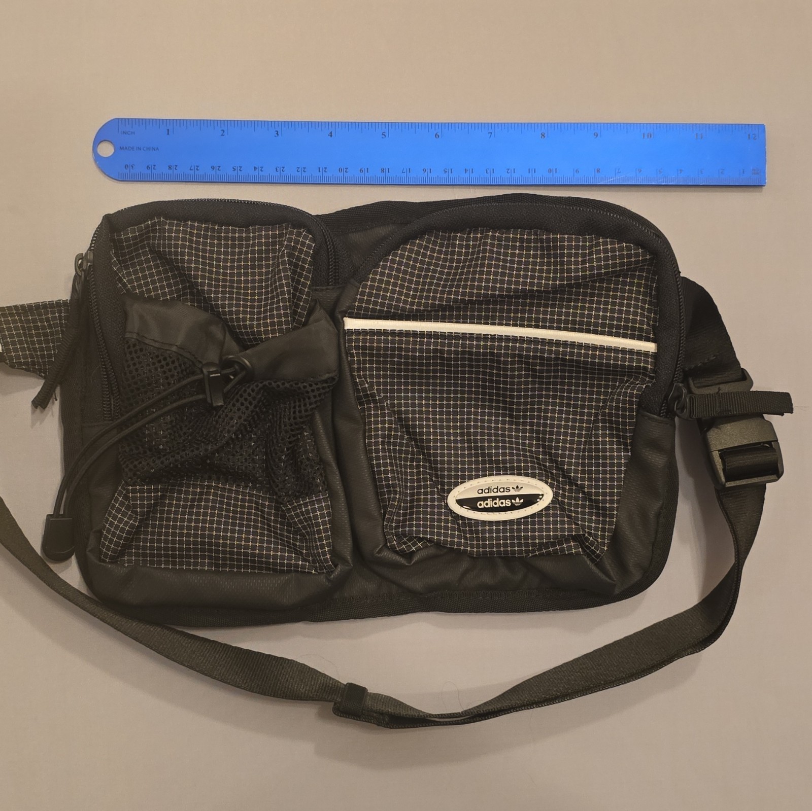 Adidas Trefoil Black/White Checkered Waist Or Hip Bag Zip Pockets Adjustable