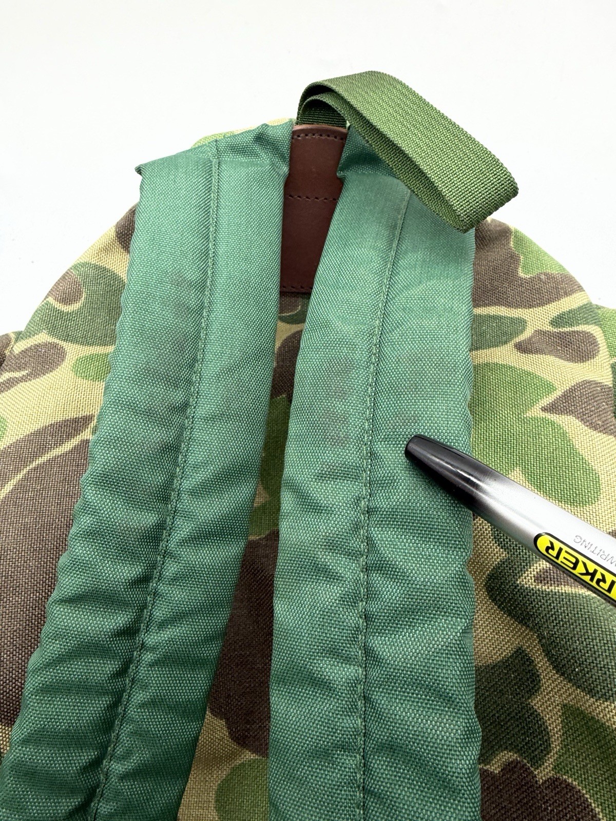 Vintage Cabela’s Hunting Backpack Suede Leather Bottom Frogskin Camo Green Brown
