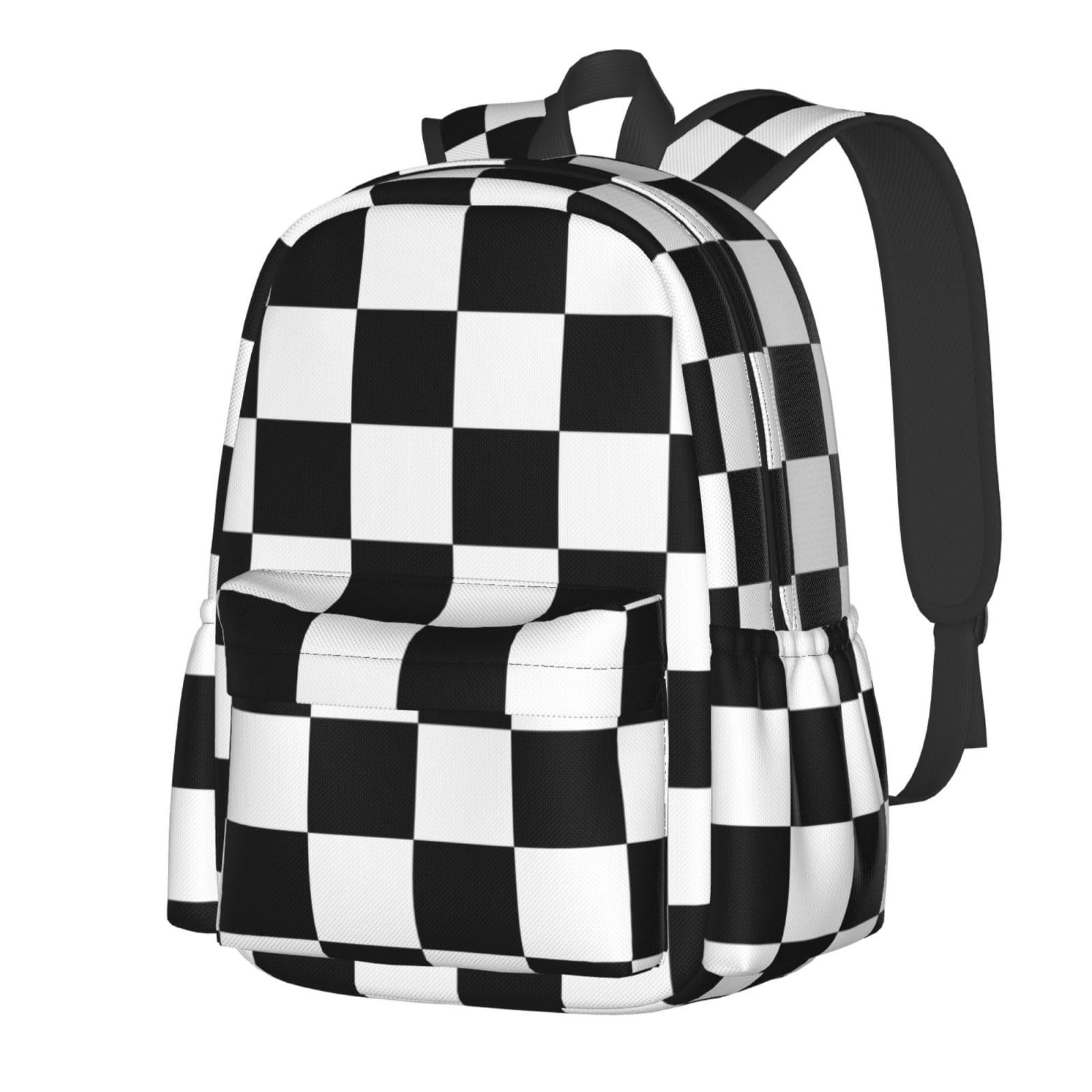 Black And White Checkered Laptop Backpack For Men Women, Lightweight Racing D…