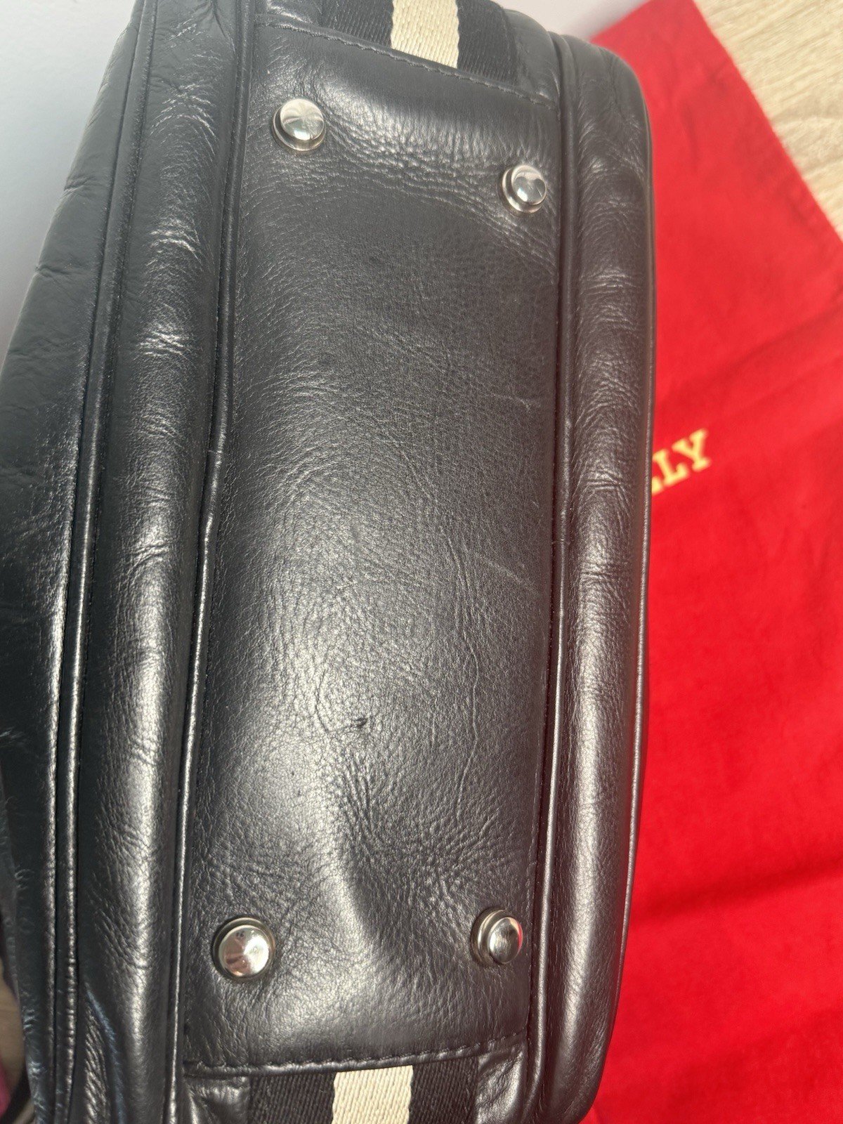 Bally Black Leather Messenger Bag Crossbody Stripe Strap Italy Classic