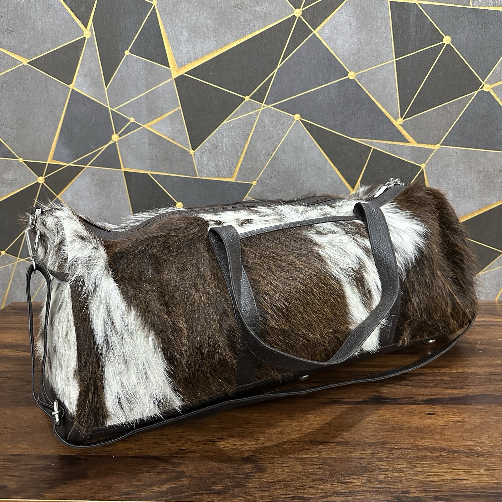 Real Cowhide Duffle Bag, Cowhide Duffle Weekender Black & White Travel Bag Gift