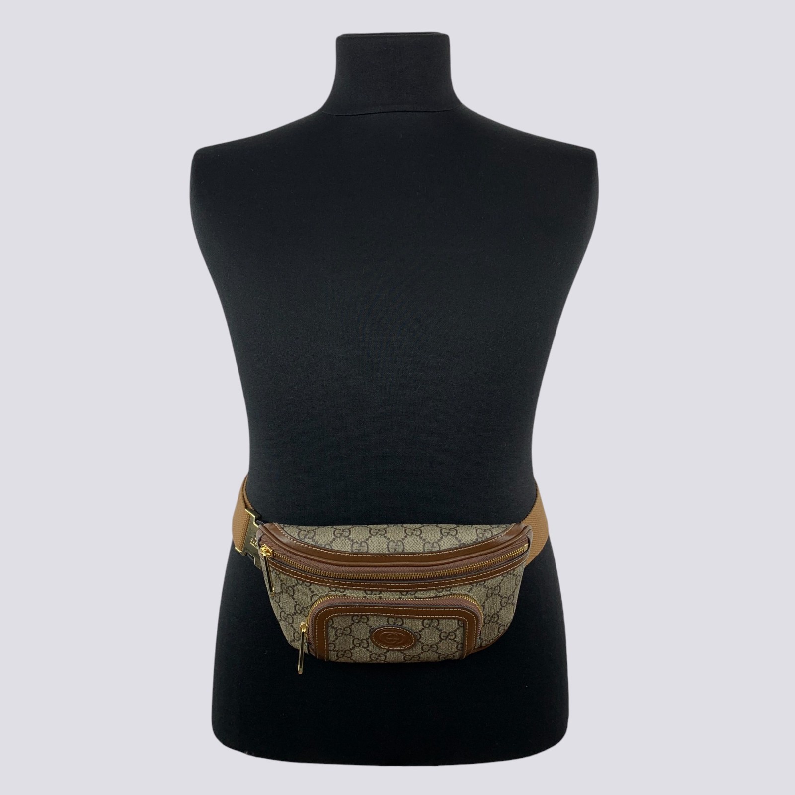 Gucci GG Monogram Interlocking G Canvas Leather Crossbody Belt Bag Beige 682933