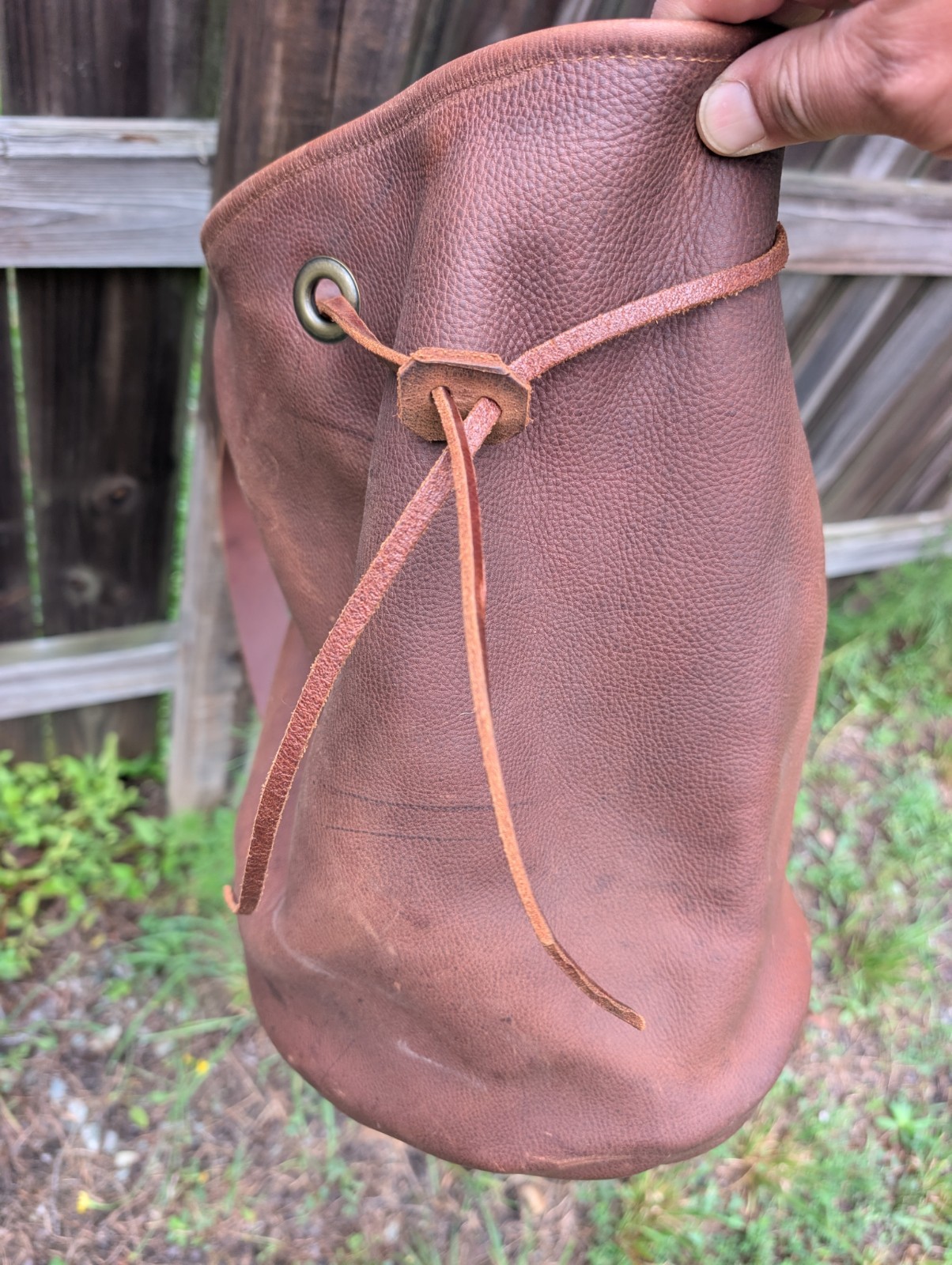 Brown leather Bucket Bag w/ Buckle, Adjustable Shoulder Strap, Unisex boho