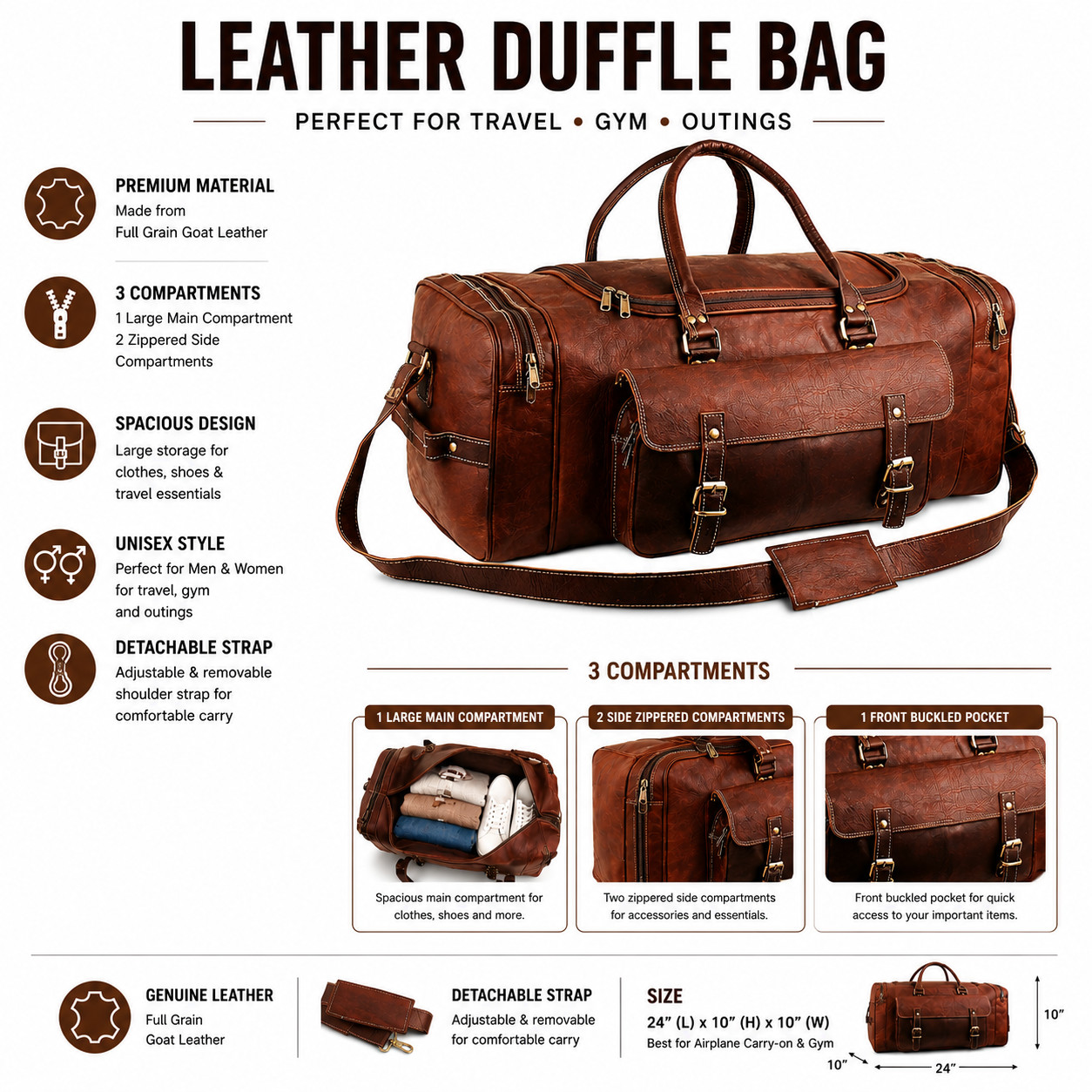 Large 24 Inch Leather Weekender Bag Mens Vintage Brown Duffle Travel Luggage