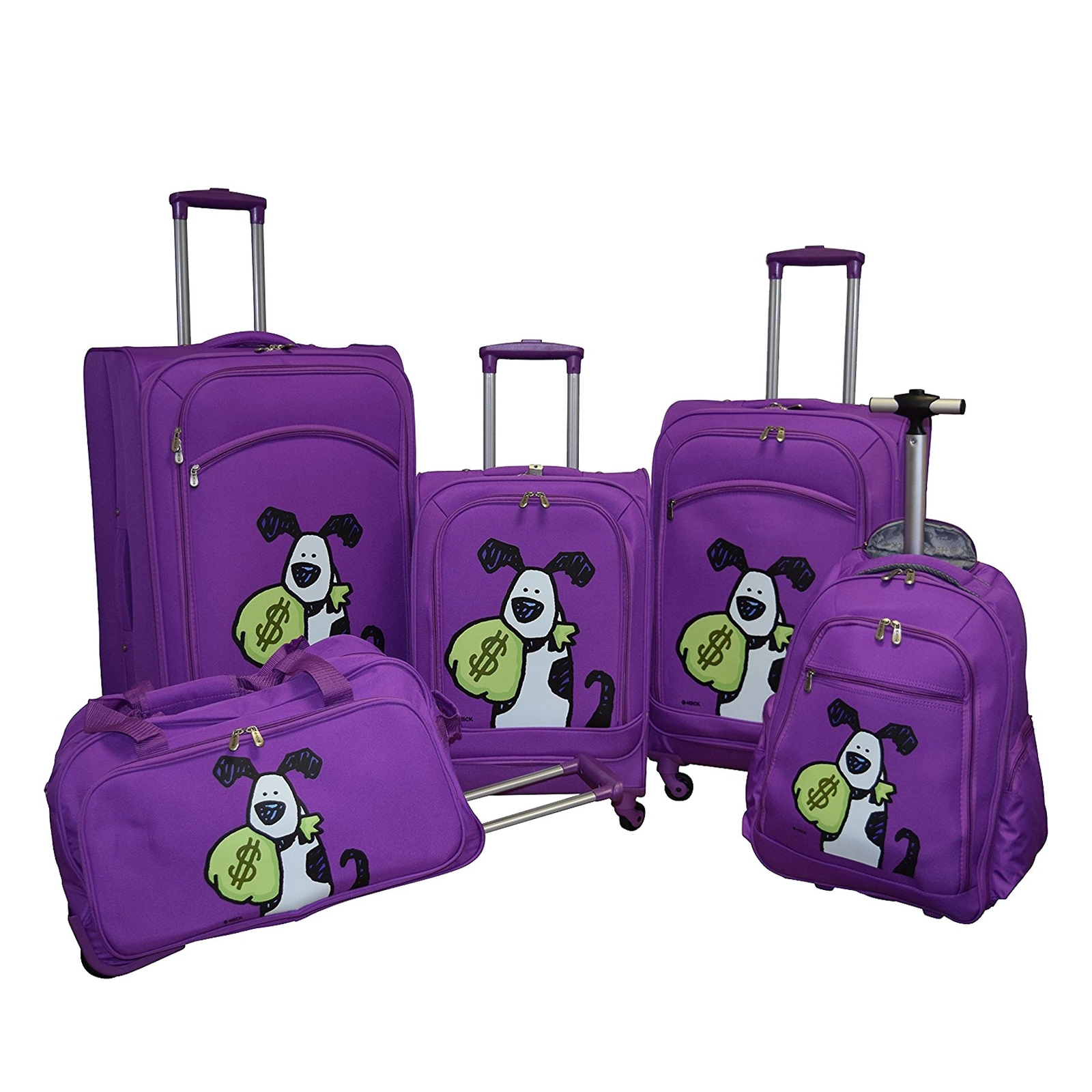 Ed Heck Lightweight 5-PC Spinner Luggage Set Purple-Money Doggie One Size U4