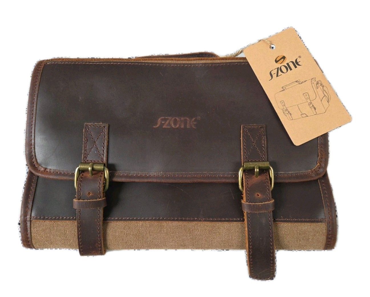 S-Zone Travel Bag Brown Leather & Canvas Saddle Bag Organizer Toiletries Hanger