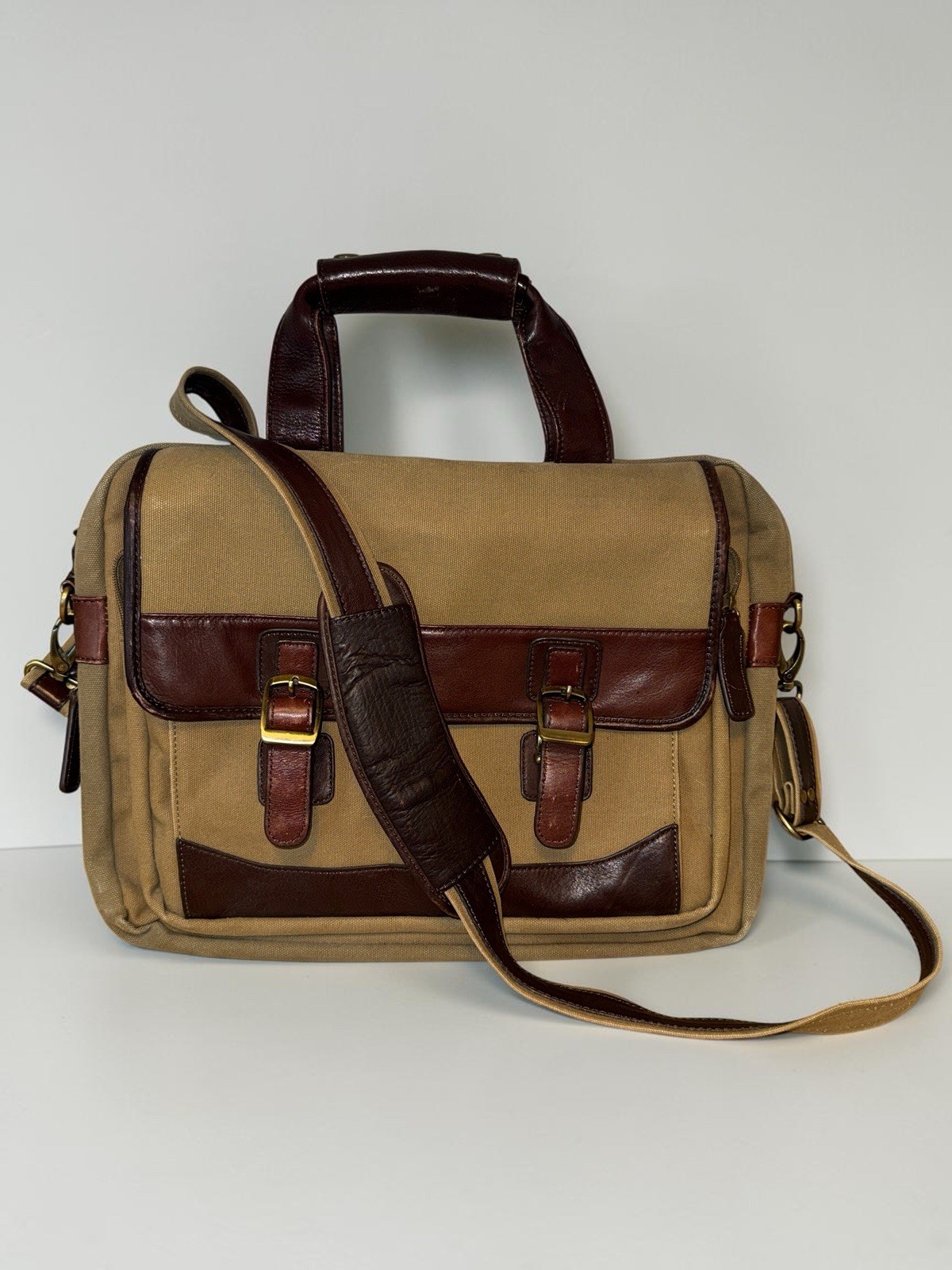 Bosca Leather & Canvas Messenger Bag Briefcase Tan & Brown Attache Laptop Work