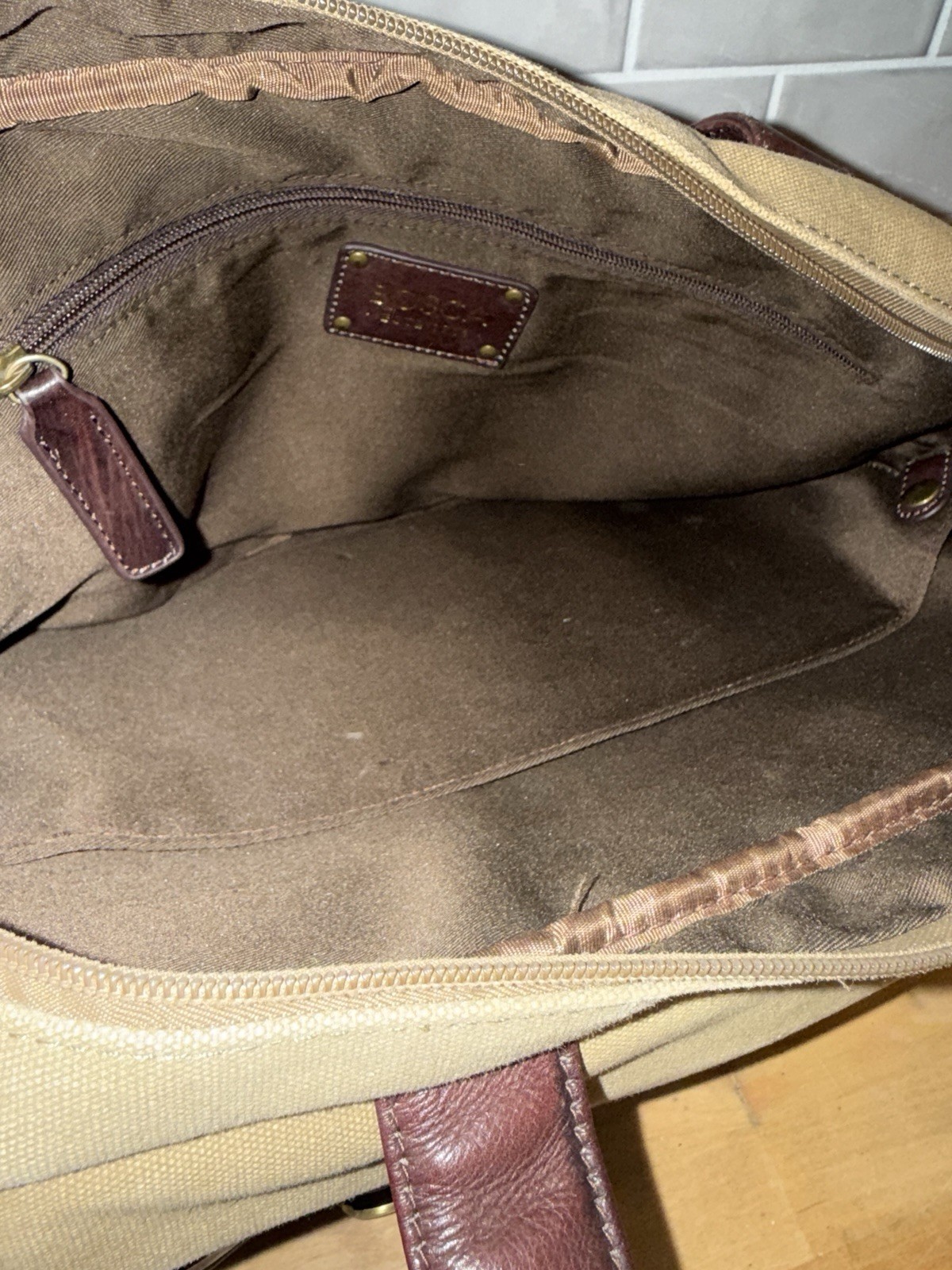 Bosca Leather & Canvas Messenger Bag Briefcase Tan & Brown Attache Laptop Work