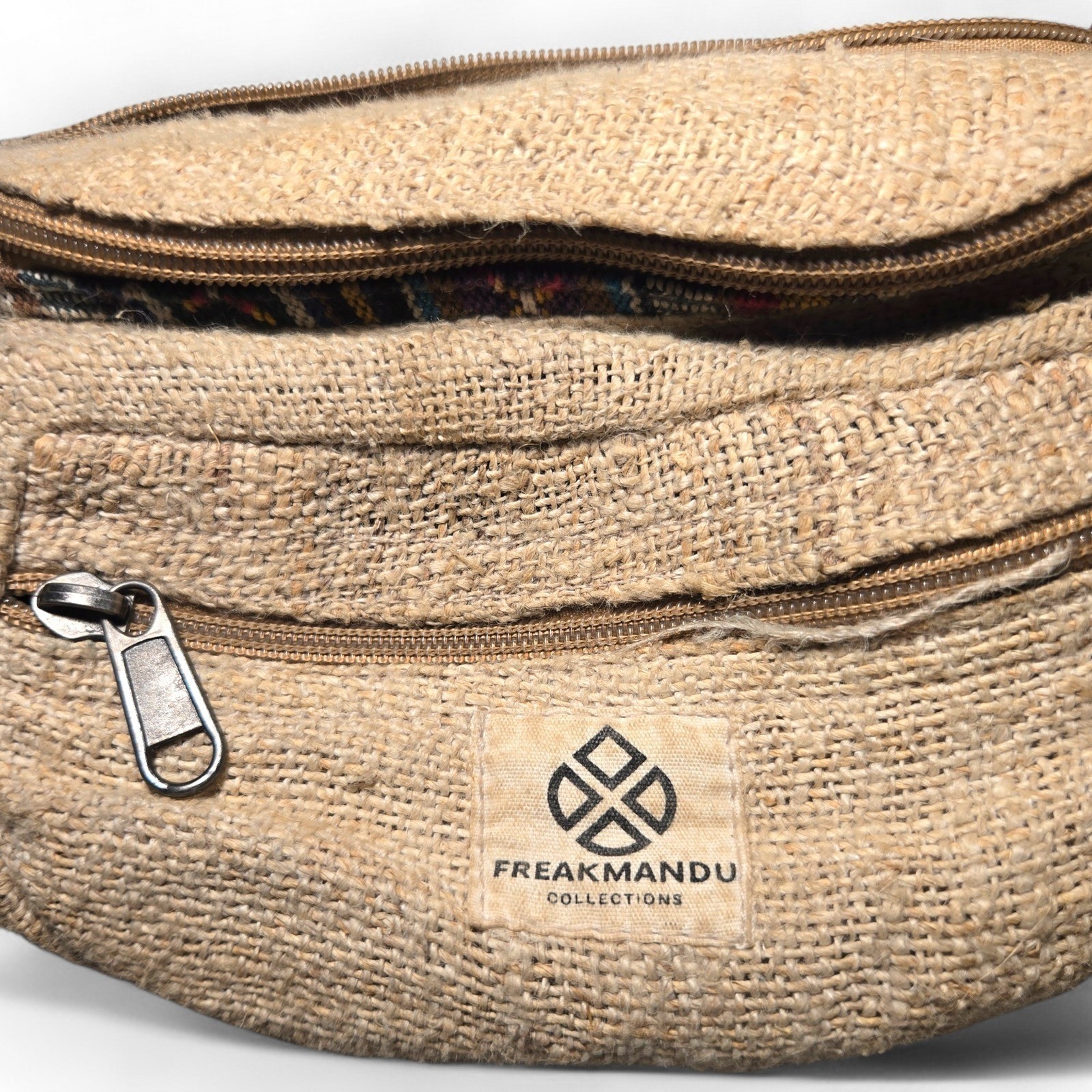 FREAKMANDU Hemp Fanny Pack Waist Bag Nepal Boho Hippy Festival Bag Tan Woven EUC