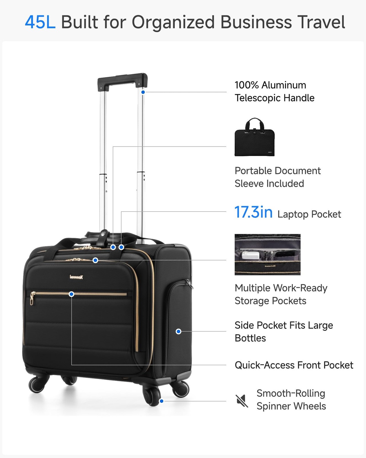 Rolling Laptop Bag with Wheels, 17.3″ Soft Sided Laptop Rolling Briefcase wit…