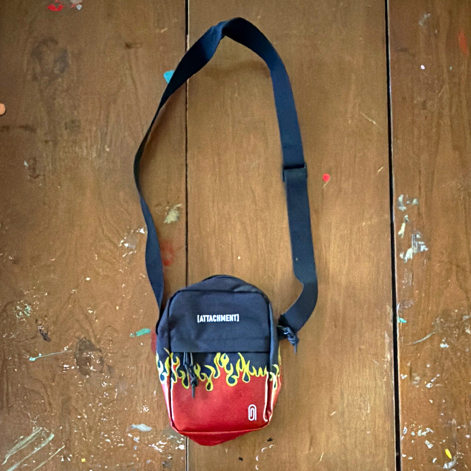 Attachment Flame Print Crossbody Bag Small Black Red Yellow Zip Adjustable Strap