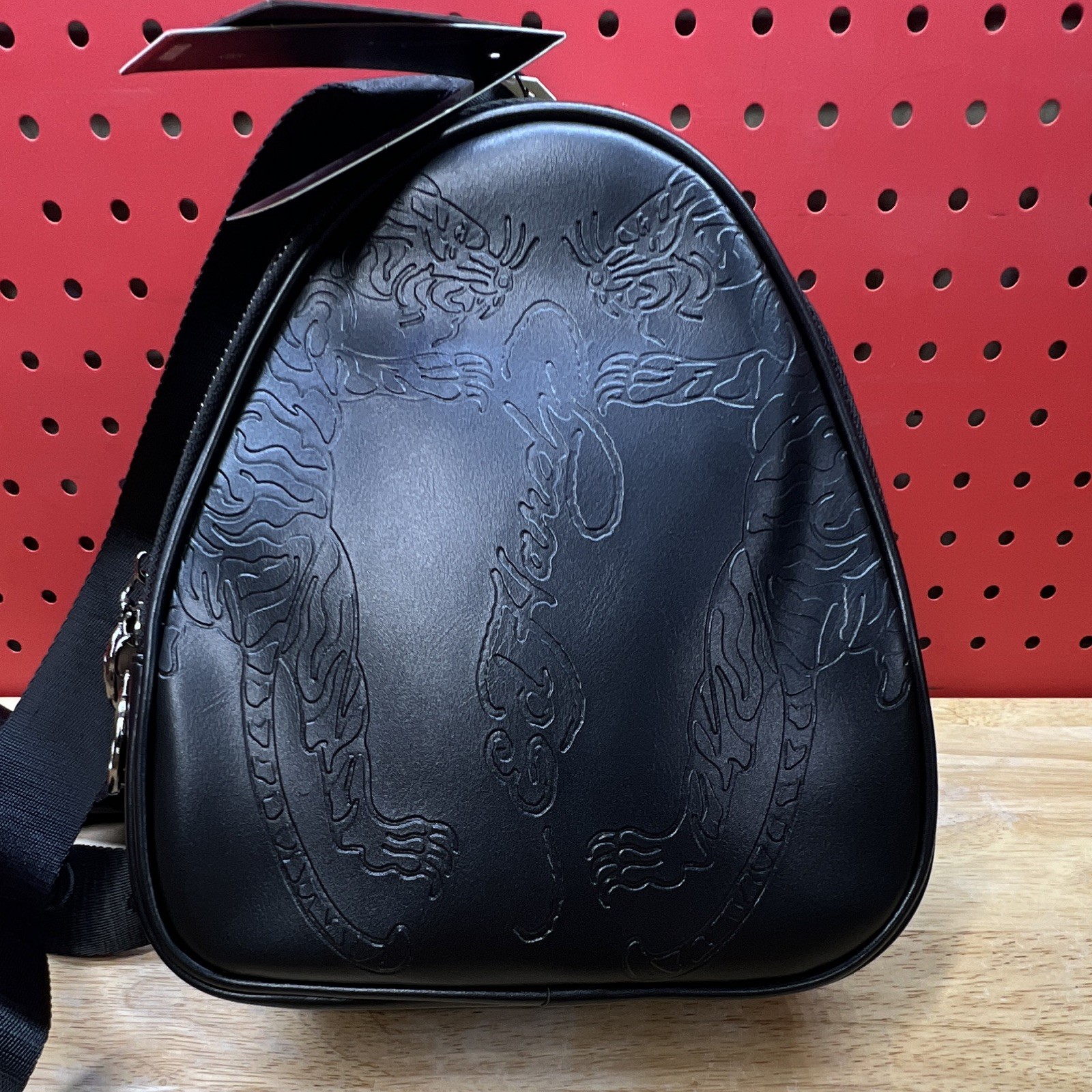 Ed Hardy Black Tiger Embossed Crossbody Bag, Small, Zip, Adjustable Strap