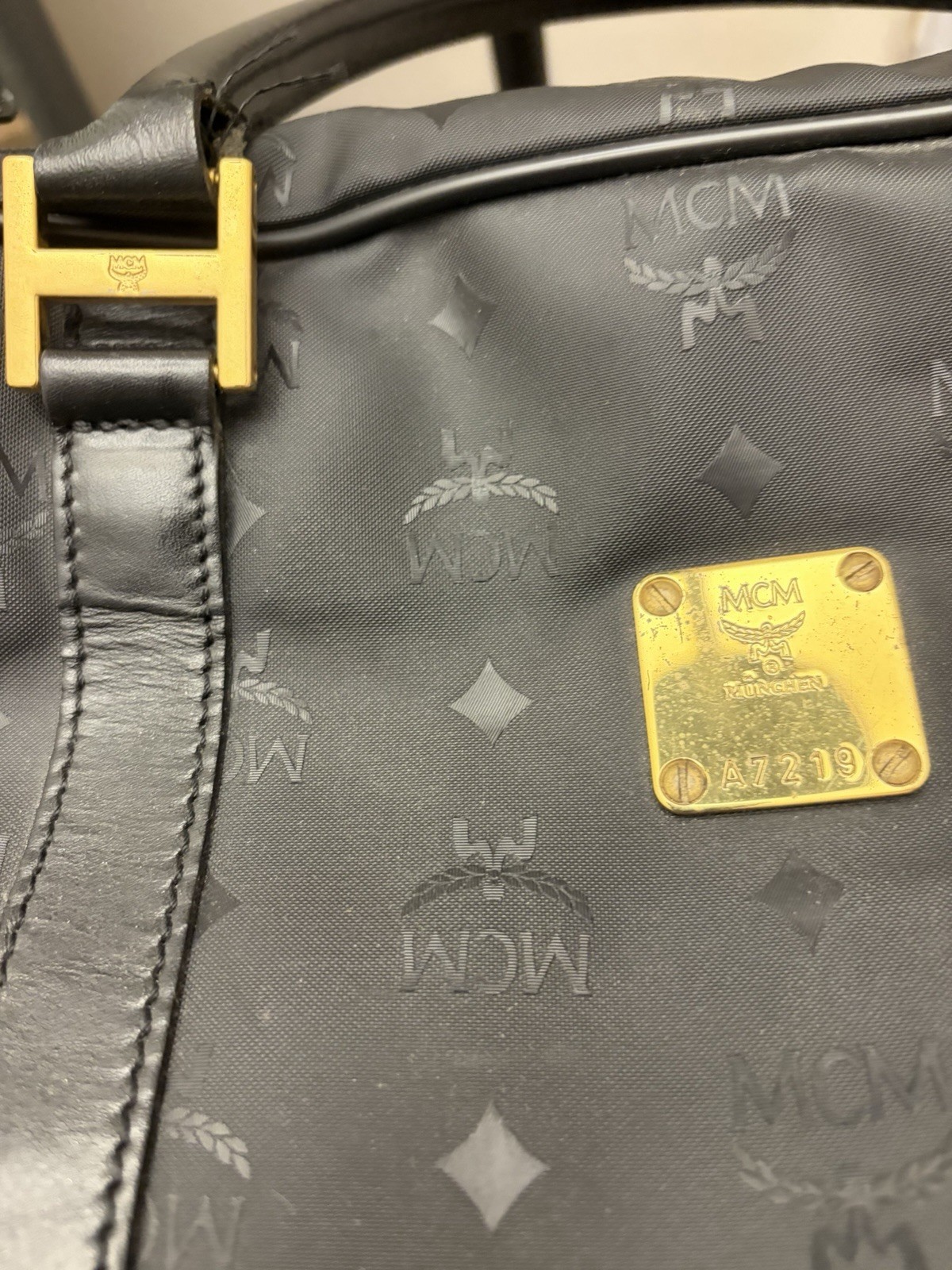 Vintage MCM Germany Visetos Black Leather Coated Large Duffle Boston Travel Bag