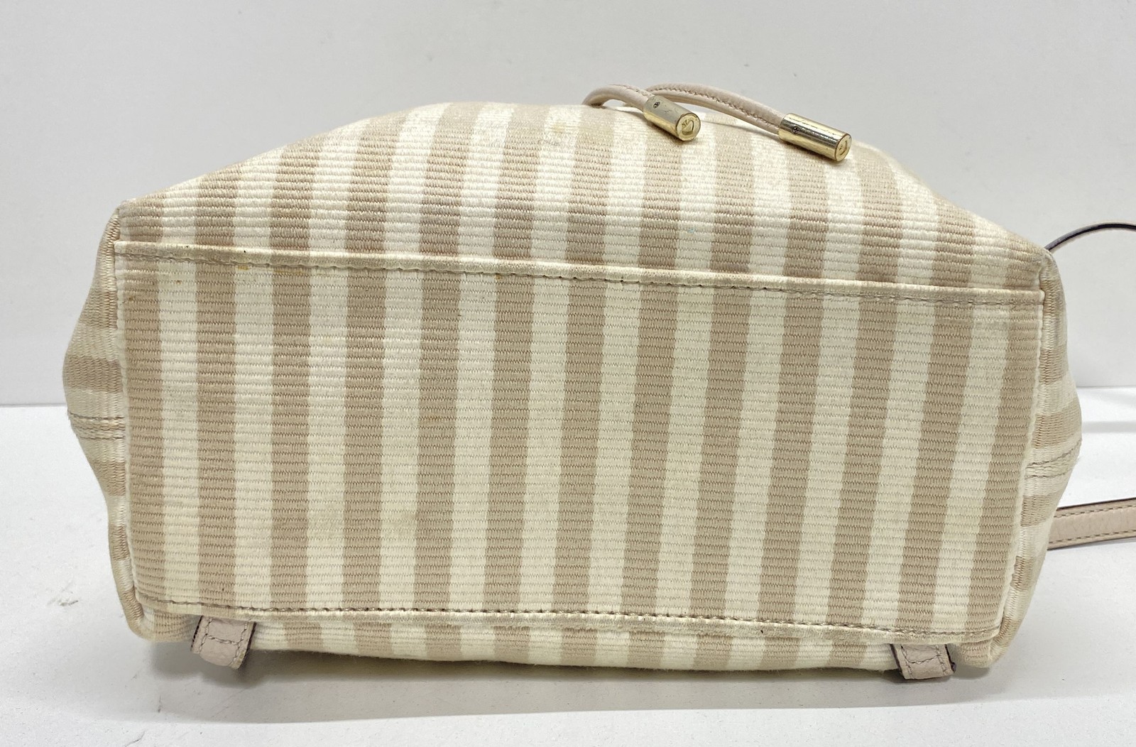 Kate Spade Beige White Striped Pebbled Leather Backpack Gold Hardware