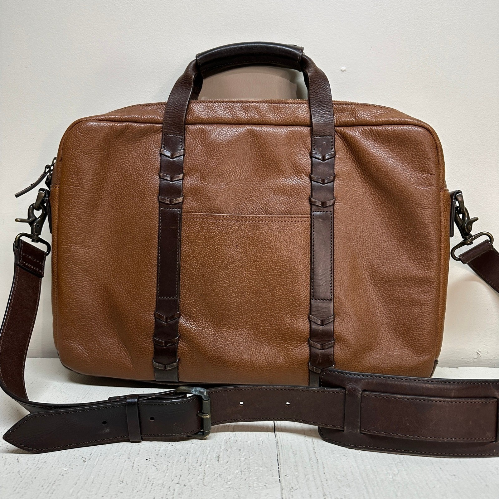 Johnston & Murphy Mens Brown Leather Briefcase Laptop Messenger Bag Two Tone