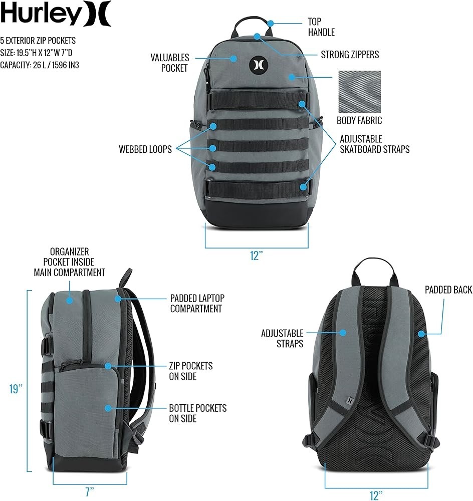Hurley 19 Inch 50-50 Black 15 In Laptop Backpack, New With Tags