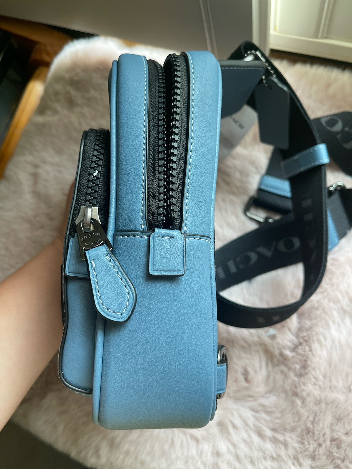 NWT! Coach Track Pack 14 In Light Mist Calf Leather Authentic Crossbody bag