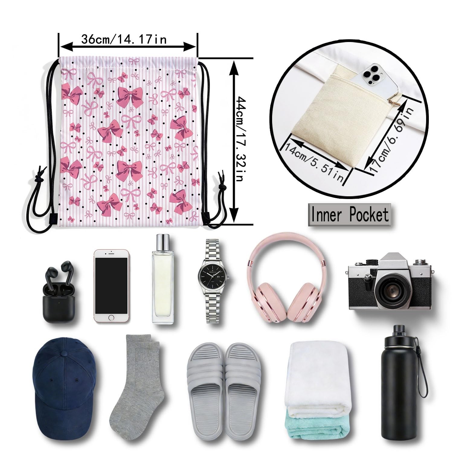 Pink Bow Knot Drawstring Backpack with Dual-Sided Print, Adjustable Cord & In…
