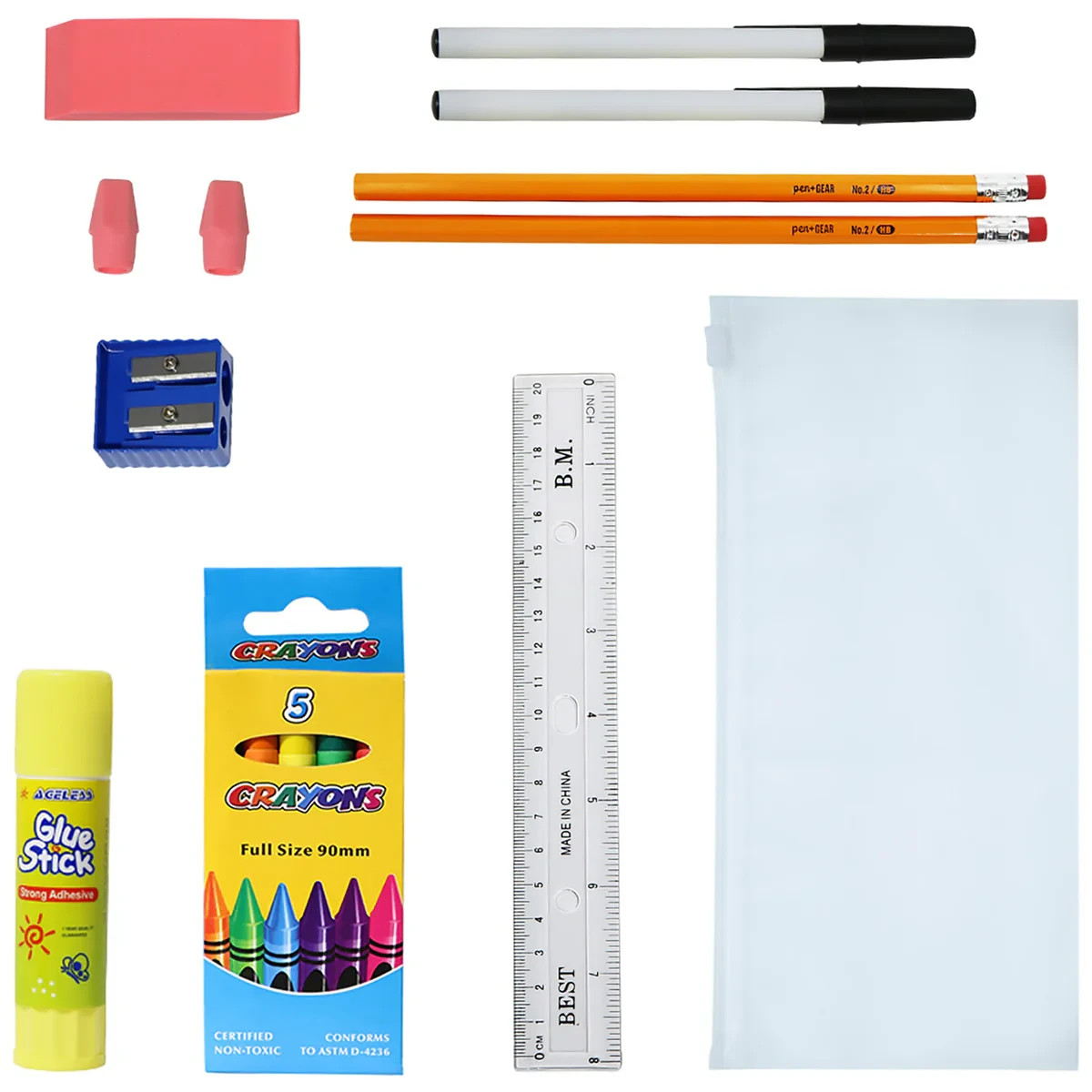 12 18.5″ Backpacks in 12 Assorted Colors and 12 Bulk School Supply kits
