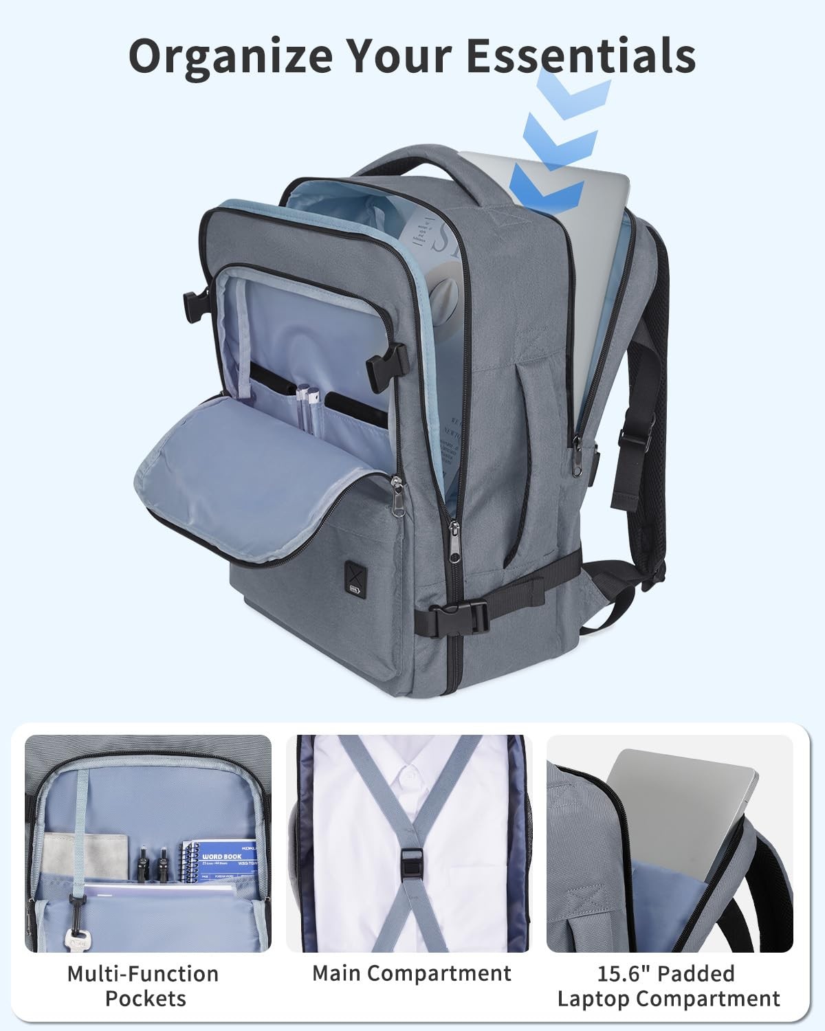 Grey Personal Item Travel Small Backpack 15.6 Laptop 17x10x9 Inch Bag