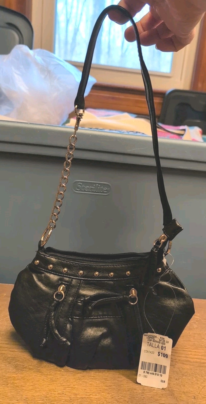 Shiny Black Faux Patent Leather Shoulder Bag Multiple Pockets Studded Accents