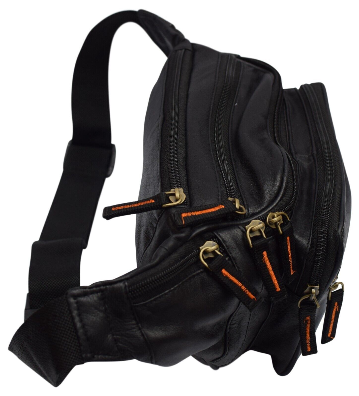 Genuine Leather Fanny Pack Multi Zippered Waist Bag Hip Belt Purse Black Pouch