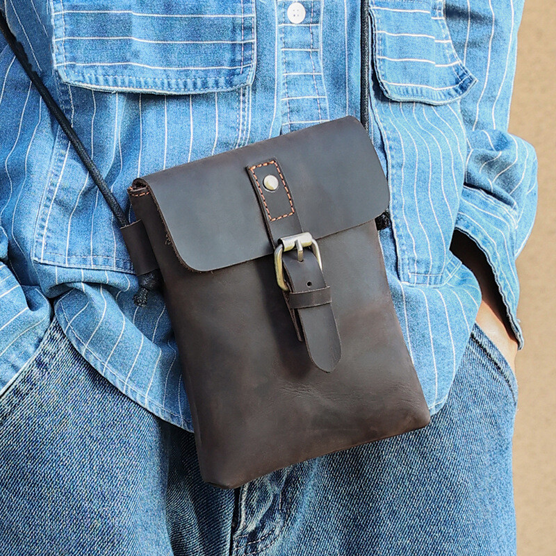 Vintage Men’s Genuine Cow Leather Phone Small Messenger Crossbody Shoulder Bag