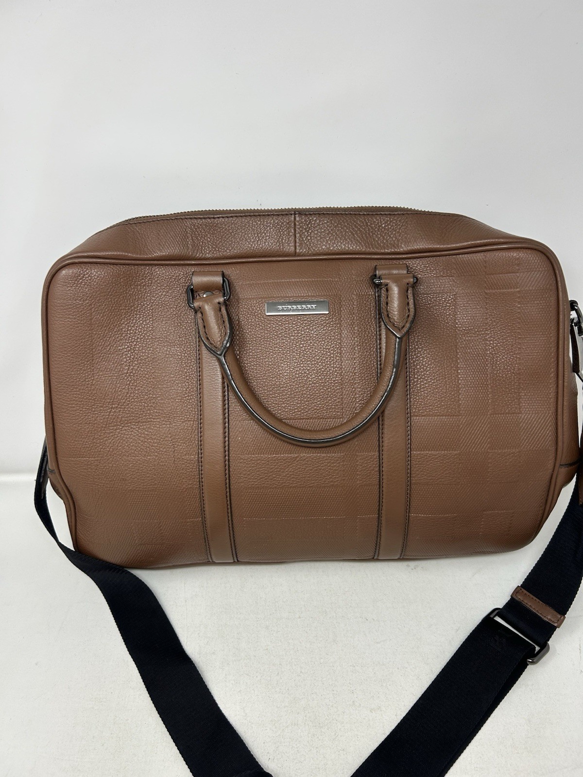 Burberry Authentic Maxwell Grain Check Briefacse Brown Leather Bag