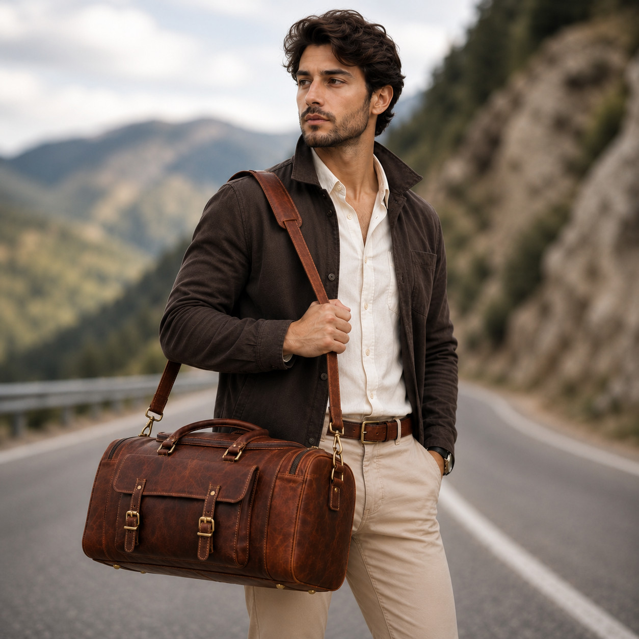 Mens Genuine Leather Travel Duffle Bag 24 Inch Brown Vintage Weekender Bag