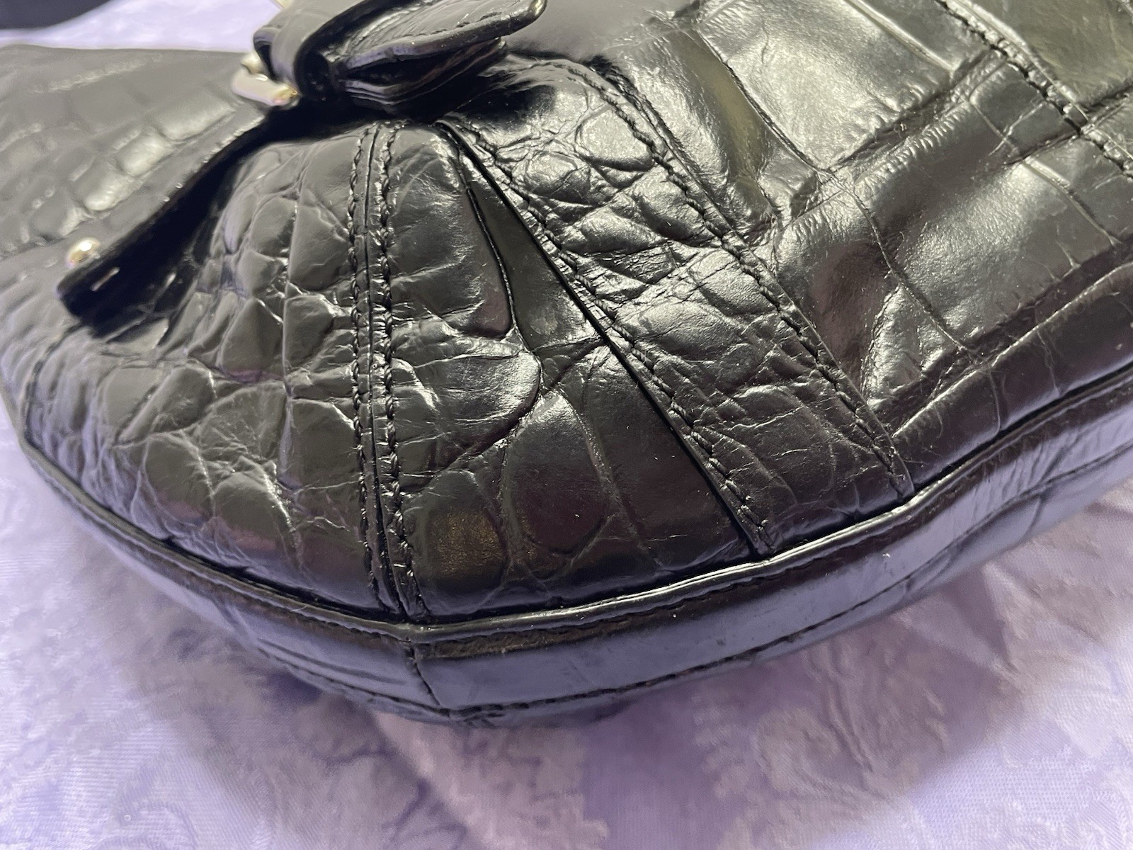 Lauren Ralph Lauren Black Croc Embossed Leather Hobo Shoulder Bag Y2K Push Lock