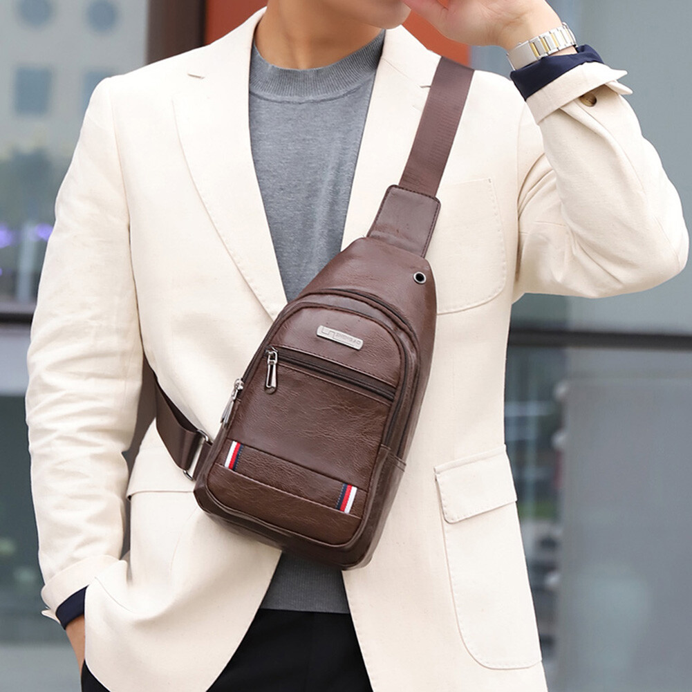 Men Leather Shoulder Crossbody Chest Sling Backpacks Outdoor Daypack Fanny Packs