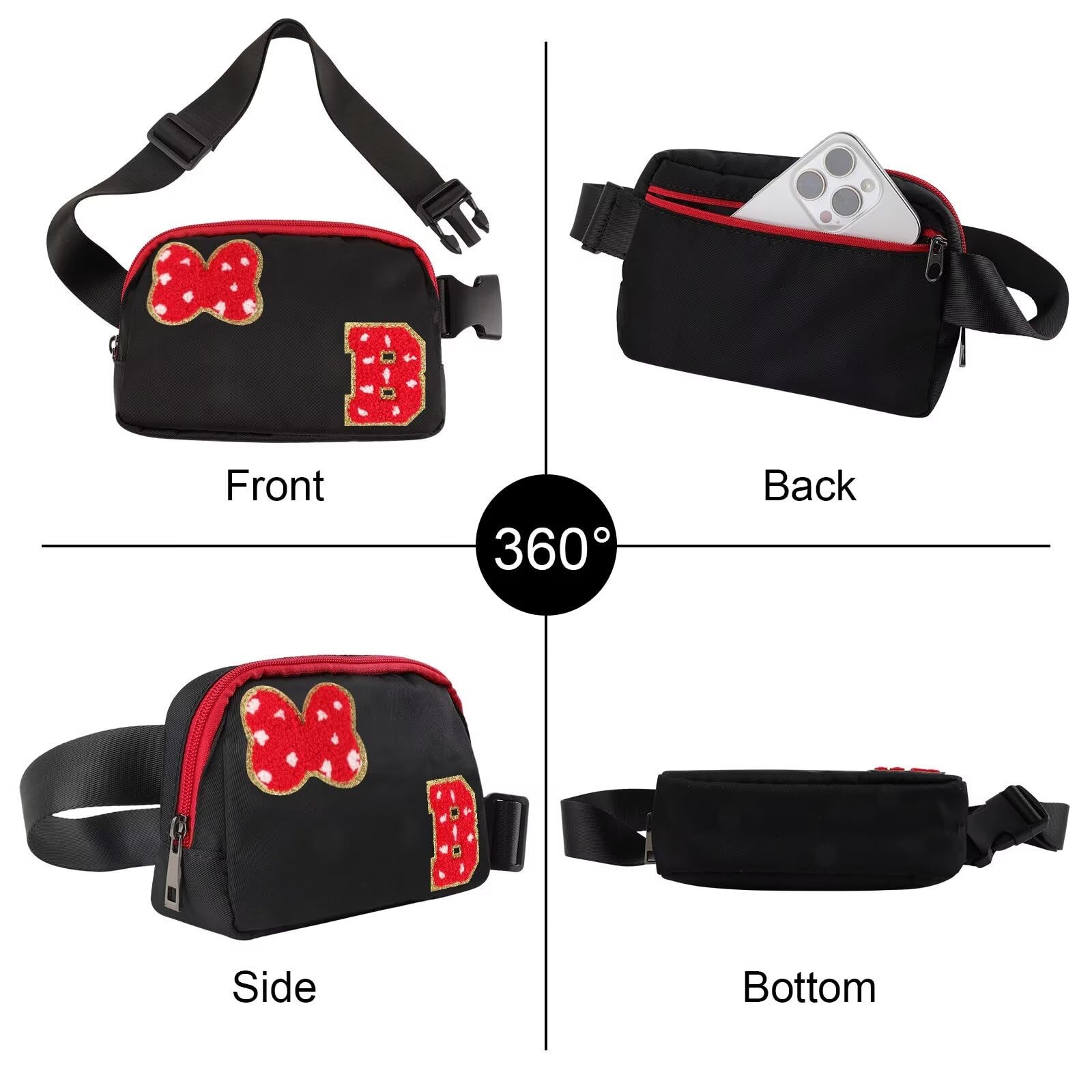 Initial Letter Bow Mouse-Ear Fanny Pack for 7.48 x 2.1 x 5.11 inches, Black