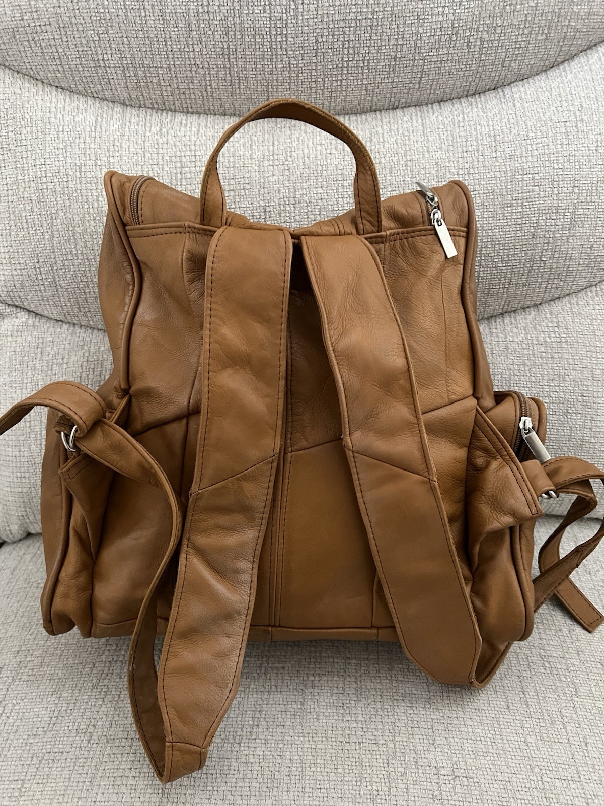 Genuine Soft Leather Backpack Unisex Caramel Color 5 Pocket Travel Bag