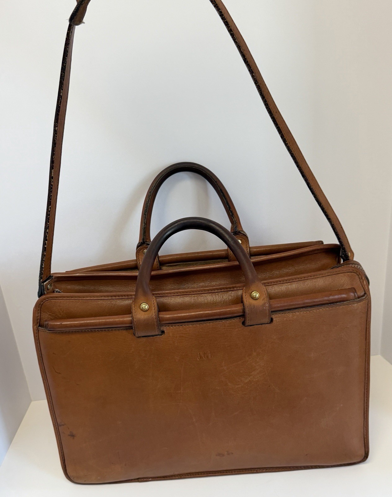 Vintage Jack Georges Brown Leather Messenger Briefcase Double Handle 16.5” Wide
