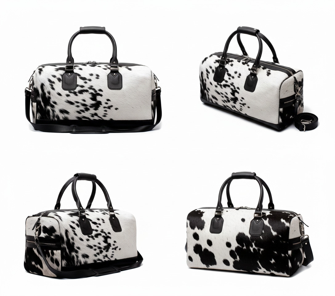 Hair on Cowhide Leather Duffle Bag – Handmade Travel Weekender Overnight Gym Bag