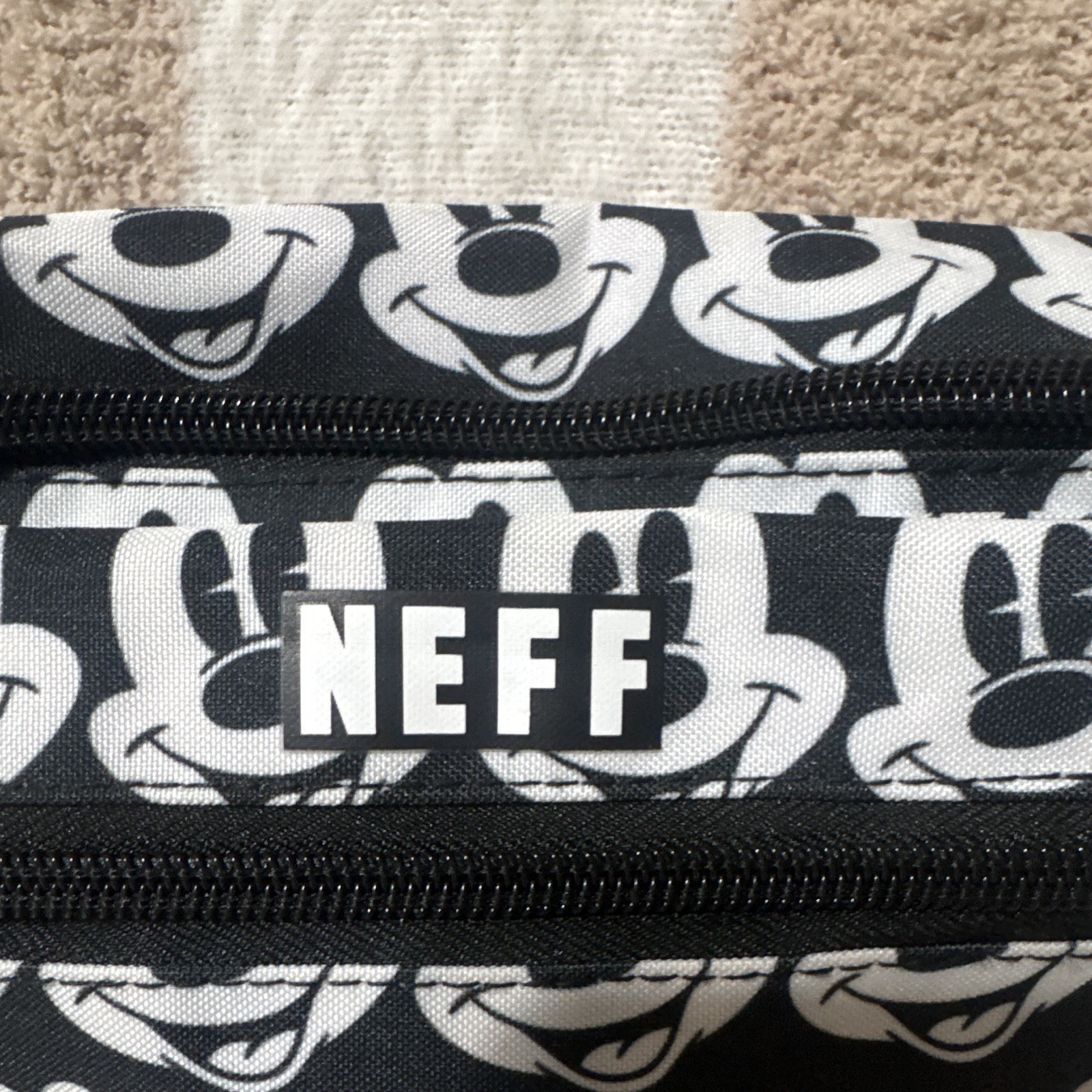 Neff Mickey Mouse Black & White Graphic Print Fanny Pack Belt Bag Zip Pockets
